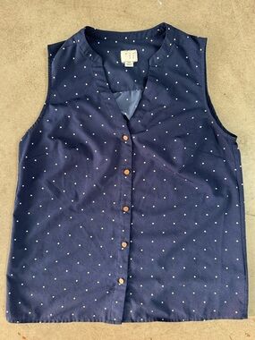 Navy Blue Sleeveless Polka Dot Button Front Blouse